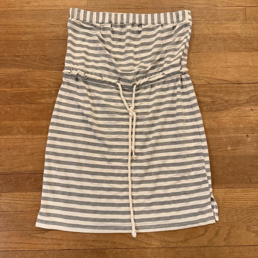 Blue Caribbean gray white stripe bare shoulder a-line dress swim cover sz L
 b51